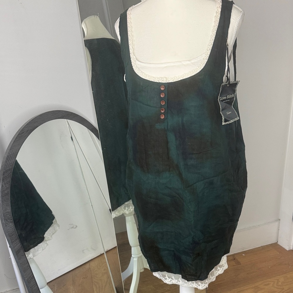 GrannyCore 🚨BOGO 50% OFF - Love Stitch Black & Green w Lace Dress - NWT - Sz Med